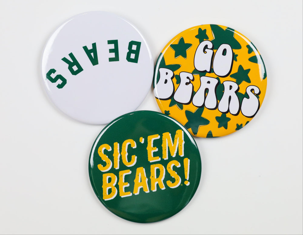 Three buttons with 'BEARS', 'GO BEARS', and 'SIC'EM BEARS!' text on a white background